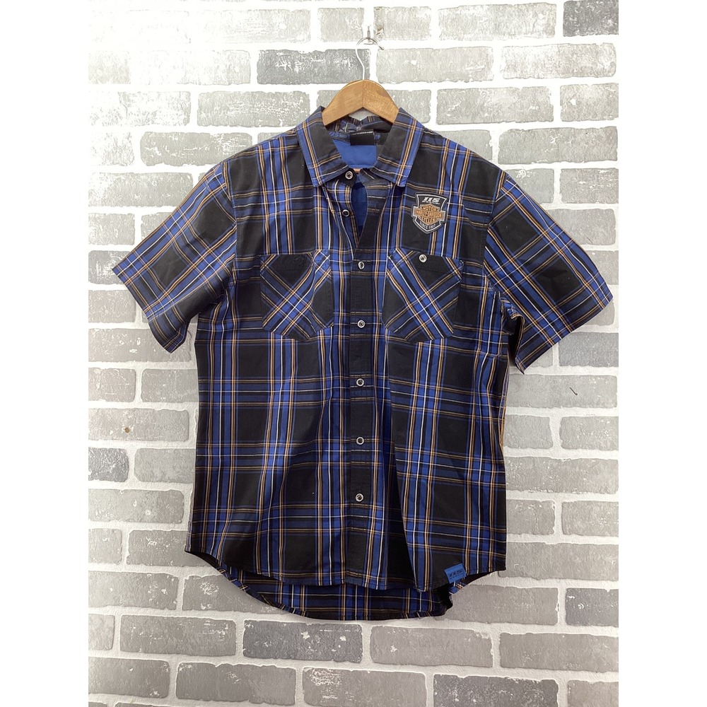 Harley Davidson 115th Anniversary Plaid Shirt Mens Large Blue Black Short Sleeve
